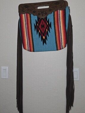 L&B Western Saddle Blanket Tooled Leather with 30" Fringe STATEMENT BAG PURSE